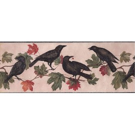 CONCORD WALLCOVERINGS ™ Wallpaper Border Birds Pattern Crows Leaves Branches for Farmhouse Cottage, Beige Brown Green Red, 9 Inches by 15 Feet WL5688B