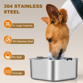 3L/101oz No Spill Dog Water Bowl, Slow Drinking Travel Dog Bowl Spill Proof, Stainless Steel Slobber Stopper for Messy Drinkers, Small Medium & Large Breeds, Square