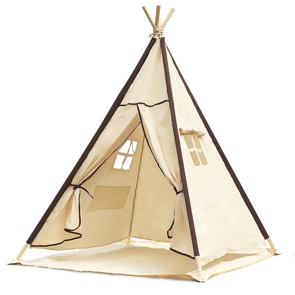 Lavievert Natural Canvas Teepee Tent for Kids, Foldable Teepee Play Tent with A Water Resistant Bottom Mat, Gifts Playhouse for Girls or Boys Indoor & Outdoor Play