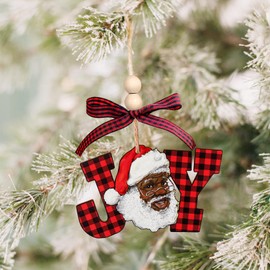 Black Santa Ornaments for Christmas Tree Black Santa African Americans Christmas Ornaments Letter Sign Red Buffalo Plaid Wood for Tree Xmas Ornament Decorations for Holiday Home Decor(santa1)