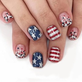 24Pcs 4th of July Press on Nails Short Square Independence Day Fake Nails with Red Blue Glitter French Tip Design American Flag Glue on False Nail Five-Pointed Star Artificial Stick on Nail for Women