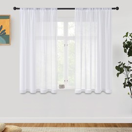 Voile Curtains in Linen Look, Transparent for Living Room, Bedroom, Children's Room, Curtains with Rod Pull-Out, White, Set of 2 Each 140 x 137 cm