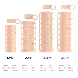 purifyou 40/32/22/12 oz Borosilicate Glass Water Bottles with Volume Markers, Silicone Sleeve, Stainless Steel Lid, Reusable Bottle for Water, Juice, Gym, and Fridge Storage (12oz Hazelnut)