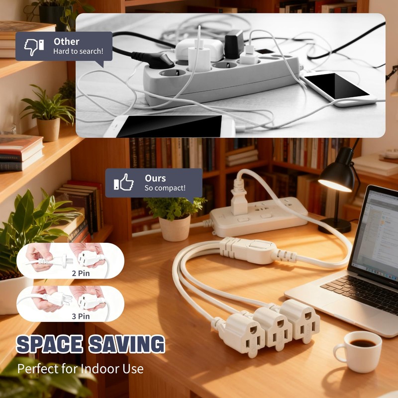 3 Prong Outlet Splitter Extension Cord,1-to-3 Indoor Outdoor Extension Cord