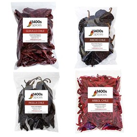 Dried Chiles Peppers 4 Pack Bundle - Chile Guajillo Stemless, Ancho, Pasilla and Arbol by 1400s Spices