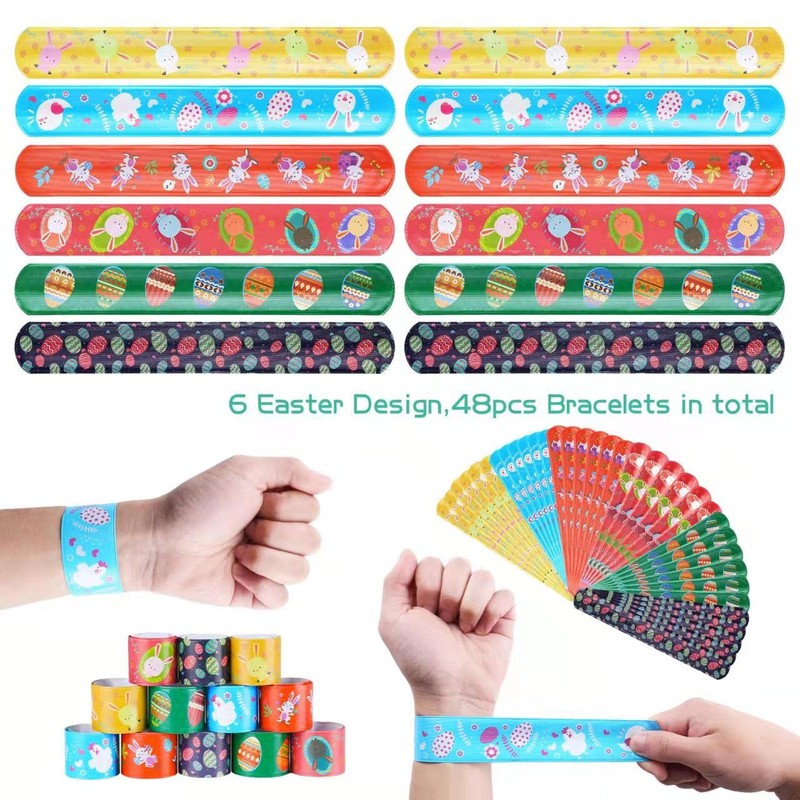 FUSHENMU 48pcs Easter Slap Bracelets Easter Egg Bunny Snap Bracelet