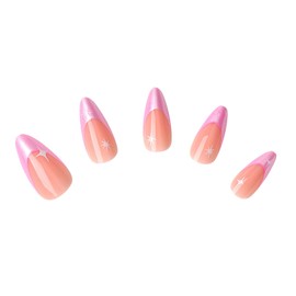 BFY Press on Nails Medium Almond Fake Nails, White Starlight Glitter Pink French Acrylic Nails Kits, Shiny Accessories Manicure Full Cover Glue on False Nails for Women Girls Spring Nails 24 Pcs
