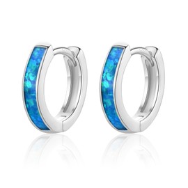 Silver Hoop Earrings for Women Girls, 925 Sterling Silver Hypoallergenic Huggie Hinged Hoops, Blue Opal Hoop Earrings Jewelry Gifts for Birthday Mothers Day