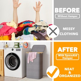 SpaceAid Laundry Hamper with Lid, 110L Large Tall Clothes Basket Bin with Bamboo Handles, Collapsible Laundry Hamper for Bedroom, Bathroom, Dorm, Laundry Room - Grey