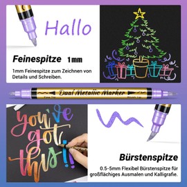 AOSUCO Metallic Pens - 12 Colours Dual Tip Metallic Marker Pens Set for Photo Album for DIY Guest Book Birthday Guest Book Wedding Scrapbook Black Paper Stones Wood Painting