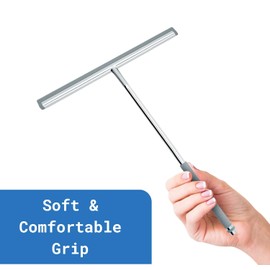 Long Handle Shower Squeegee for Glass Doors - Stainless Steel with Silicone Hook Holder - Scrubber for Shower Tile Wall Cleaning, Bathroom Cleaner - Large Shower Door Sweep Wiper with Rubber Hanger