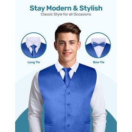 S.H. Churchill & Co. Men's 4 Piece Vest Set, with Bow Tie, Neck Tie & Pocket Hankie - Royal Blue, S