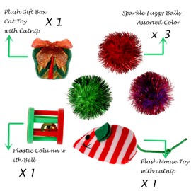 PICKUPIK Christmas Cat Toys Set - Cat Interactive Toys, Cute Bag, Plastic Wheel Toy with Bell, Sparkle Balls, Plush Catnip Mice