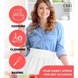 CRB Fashion Waist Apron Kitchen Cooking Restaurant 100% Cotton Bistro Half Aprons with Pockets For Girl Woman (White)