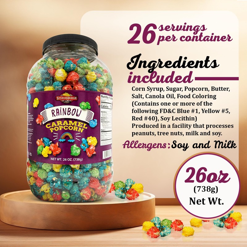 Stonehedge Farms Flavored Rainbow Caramel Popcorn | 26 oz Tub