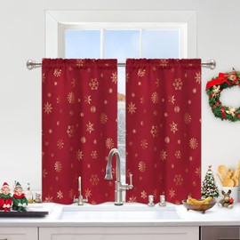 FRAMICS - Cortinas de cocina de Navidad, con estampado de copo de nieve dorado, cortinas de nivel de Navidad de 36 pulgadas de largo, bolsillo para barra, cortinas rojas de Navidad para cocina, 26 pulgadas de ancho x 36 pulgadas de largo, 2 paneles