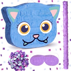 Sosation Cat Piñata 12.5 x 9 Inch Blue Cat Shaped Piñata with Blindfold Bat for Purple Birthday Decoration Friendship Fans Favor Decoration Wedding