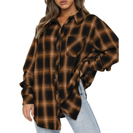 CHYRII Womens Button Down Flannel Shirts Long Sleeve Plaid Shacket Business Casual Tops Brown XL