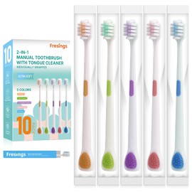 Fresings 10-Pack Ultra-Soft Manual Toothbrushes with Dual-Action Tongue Scraper – Individually Wrapped for Gentle Deep Clean, Sensitive Gums, Travel, Guest & Home, Adults & Kids, Bulk Value