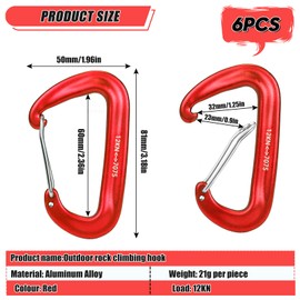 Pack of 6 Carabiner Hooks Large Heavy Duty Aluminium Carabiner 12 KN (1200 kg) Load Capacity Choice of 7 Colours for Outdoor Hammock Attachment Hiking Camping Camping Backpacking