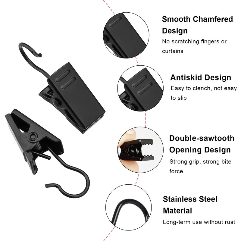 Coideal Small Curtain Clips Hooks - 100 Pack Black Stainless