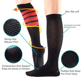 Women's 3-Pack Black and Striped Cushioned Odor Control Knee High Non Slid Gel Grips Yoga Pilate Barre Dance Socks, Size 5-9