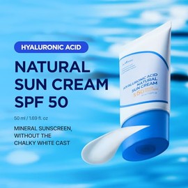 ISNTREE Crema solar natural de ácido hialurónico SPF 50, protector solar mineral, efecto de tonificación suave, crema solar diaria hidratante, amigabl