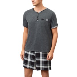 Yukiuiny Mens Cotton Short Sleeve Pajamas Sets Soft Henley Collar Dark Grey Solid Tops and Checkered Shorts Bottom With Pockets 3X-Large