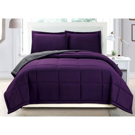 Grand Linen 3 Piece Luxury Dark Purple/Grey Reversible Goose Down Alternative Comforter Set, Full/Queen with Corner Tab Duvet Insert