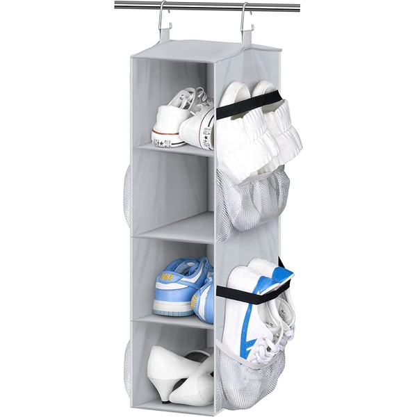 MISSLO 4 Shelf Short Hanging Shoe Storage for Wardrobe Organiser with Mesh Pockets Small Hanging Shoe Rack Organizer Hanger for RV, Camper, Grey