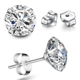 TTVOVO 925 Sterling Silver Stud Earrings, Round 4 Claw Stud 8 mm, Silver Cubic Zirconia, Cubic Zirconia