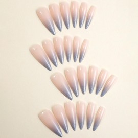 Long Press on Nails Stiletto Fake Nails Glitter French Tip Glue on Nails Gradient Acrylic False Nails Nude Artificial Nails Press ons Glossy Full Cover Stick on Nails for Women Girls 24 Pcs
