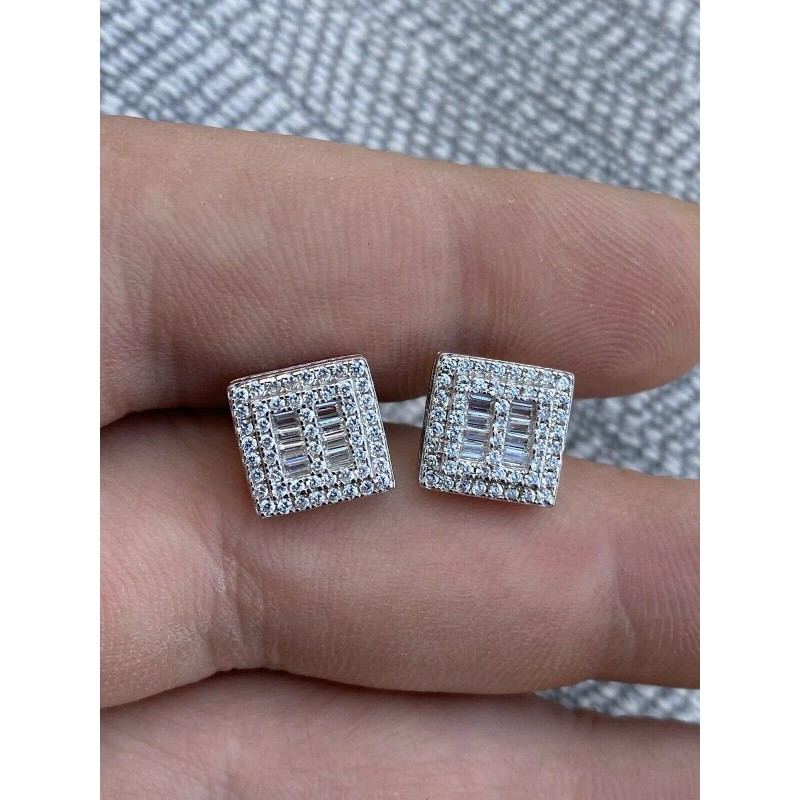 Harlembling Mens Real Solid Sterling Silver CZ Baguette Earrings Studs