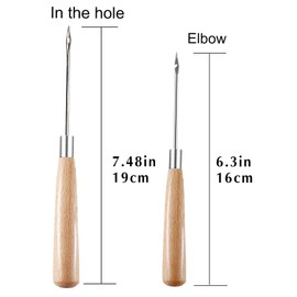 Leather Awl Set, 2 Pieces Stitcher Awl Wood Awl Hole Awl and Curved Awl with Wooden Handle for Leather Sewing Punching DIY Tool