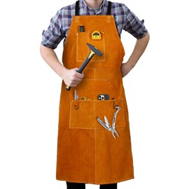 Houseables Leather Welding Apron, Fire Resistant Welder Smock, 24 x 42 Inch, Large, 6 Pockets, Kevlar Stitching, Safety Accessory For Blacksmithing, Carpentry, Torch Work, Roofing, Woodworking, Garage