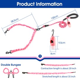 BAAPET Double Dog Leash, 4 FT Rope Dog Leash with Tangle Free Shock Absorbing Bungee and Poop Bags for Dual Small Medium Large Dogs (Small, Pink)