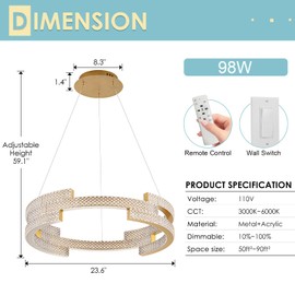 CHYING Modern LED Chandelier Remote Control Gold 3-Ring Chandelier Dimmable Pendant Light for Dining Room Kitchen Living Room Foyer Entryway 3000K-6000K