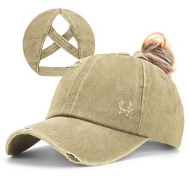 Epsoco Womens Criss Cross Ponytail Baseball Cap Washed Distressed Ponytail Hat Adjustable High Messy Bun Trucker Ponycap for Outdoor Sports Khaki