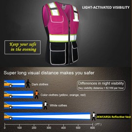 JKWEARSA Safety Vest For Women,High Visibility Reflective Work Vest With Multi Pockets And Zipper,Pink and Black,Large