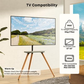 PUTORSEN Easel TV-Stand for 43-65-Inch Screens - Portable Swivel Tripod TV Stand with Wooden Tray, Height Adjustable TV Floor Stand, Max Load 77 lbs, Max VESA 400x400 mm, Black