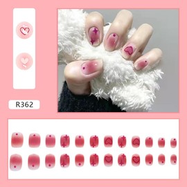 Pink Press on Nails with Heart 24Pcs Glossy Full Cover Square Short False Nails with Valentine's Day Designs Reusable Coffin Artificial Fake Nails Acrylic Glue Stick on Fingernails Sets for Women