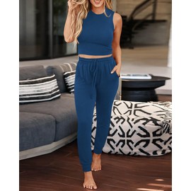 BTFBM 3 Piece Matching Sets Tank Tops Wide Long Pants Cardigan Lounge Sets For Women Sweatsuit Women Clothing Fall 2025(Dark Blue, X-Large)
