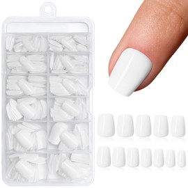 Bellelfin 240pcs Short Press on Nails White Full Cover Short Coffin Glossy Fake Nails Acrylic Artificial False Nail Tips with 5 Sheets Adhesive Glue Tabs for Women and Girls Fingernails Design