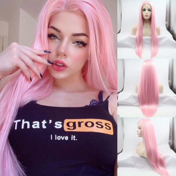 Light Pink Lace Front Wig for Women Long Straight Pink Wig Wonder Girl Peach Synthetic Hair Wig High Temperature Fiber Hair Replacement Wig (Light Pink)