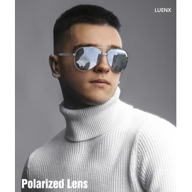 LUENX Sunglasses for Men Polarized Driving Sun Glasses UV400 Protection 60mm,Silver Lens Silver Frame