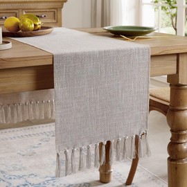 Aoztio Linen Style Rustic Table Runner, Farmhouse Cotton Linen Table Runner, Boho Table Runners 150cm Long with Hand Tassels for Home Tabletop Decor and Everyday Use - Light Coffee, 150cm