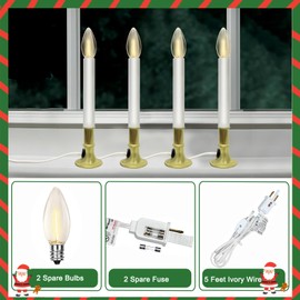 4 Pack Electric Christmas Window Candle Lamp, Gold Brass Plated Base Candle Lights with C26 LED Bulbs, Dusk-to-Dawn Auto Sensor, 5 Foot White Cord Plug in Ready to Use!