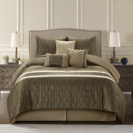Stratford Park Taupe Comforter Set King Size, 9 Piece Geometric Bedding Set, Jacquard with Matching Solid Piecework, Bedskirt, Pillows & Shams, Curtains
