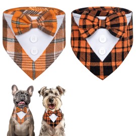 cyeollo 2 Pack Fall Dog Tuxedo Bandana Thanksgiving Dog Costume with Bowtie, Plaid Dog Tux Collar Puppy Costumes Formal Outfit for Small Dogs Cats, Orange S