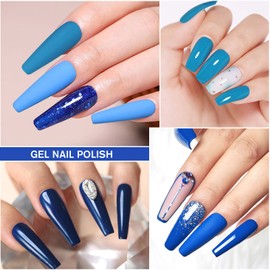 Shining She Semi-Permanent Nail Polish Blue, 6 Colors Blue Series Glitter Navy Blue Dark Blue Semi-Permanent Nail Polish Soak-Off UV Nail Polish for Beginners Nail Art DIY, 8ml